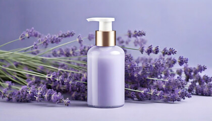 Obraz na płótnie Canvas Modern lavender floral theme skincare retinol bottle mockup display