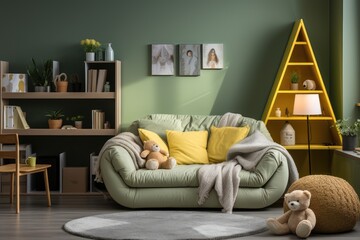 Creative composition of stylish and cozy child room interior design with green wall with bottle green sofa, plush pillow, bright carpet, grey plaid and stool with accessories. Copy space.