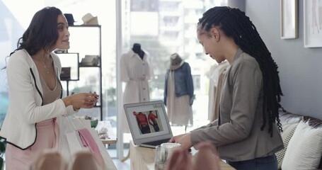 Discount, woman or customer in boutique with credit card in a financial transaction on electronic pos. Payment, deal offer or client paying to purchase at fashion store for retail sale choice in mall