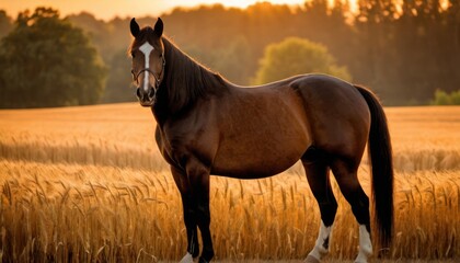 a brown horse standing in the middle of a field of tall grass with the sun setting in the distance behind it and trees in the distance, with yellow grass in the foreground.