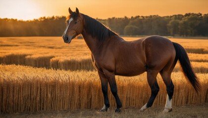  a brown horse standing on top of a dry grass field next to a field of tall grass with the sun setting behind it and a tree line in the distance.