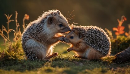Naklejka na ściany i meble a couple of hedgehogs standing next to each other on top of a grass covered field with a fallen tree in the middle of it's foreground.