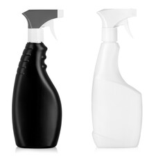 Black and White plastic bottles of cleaning products and flower isolated on white