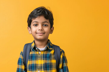 Young Indian school kid isolated on colour background - obrazy, fototapety, plakaty