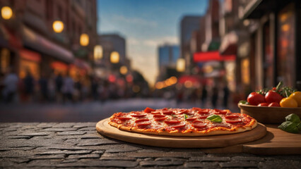 Explore the intersection of flavors and cultures by showcasing a pepperoni pizza slice against a street road background