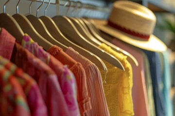 Hangers with colorful summer clothes and a hat in the store. Generative AI