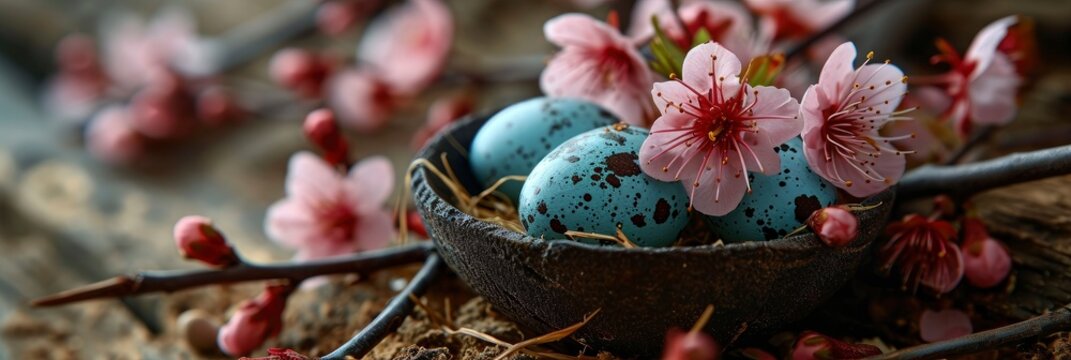 Easter Eggs Nest Pink Flowering Sakura, Banner Image For Website, Background, Desktop Wallpaper