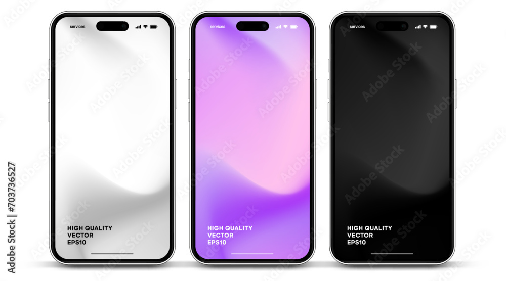 Aufkleber 3d high quality vector smartphone mockups. Ultra realistic mobile device UI UX mockup for presentation template. Cellphone frame with blank screen isolated templates. 3d isometric illustration.