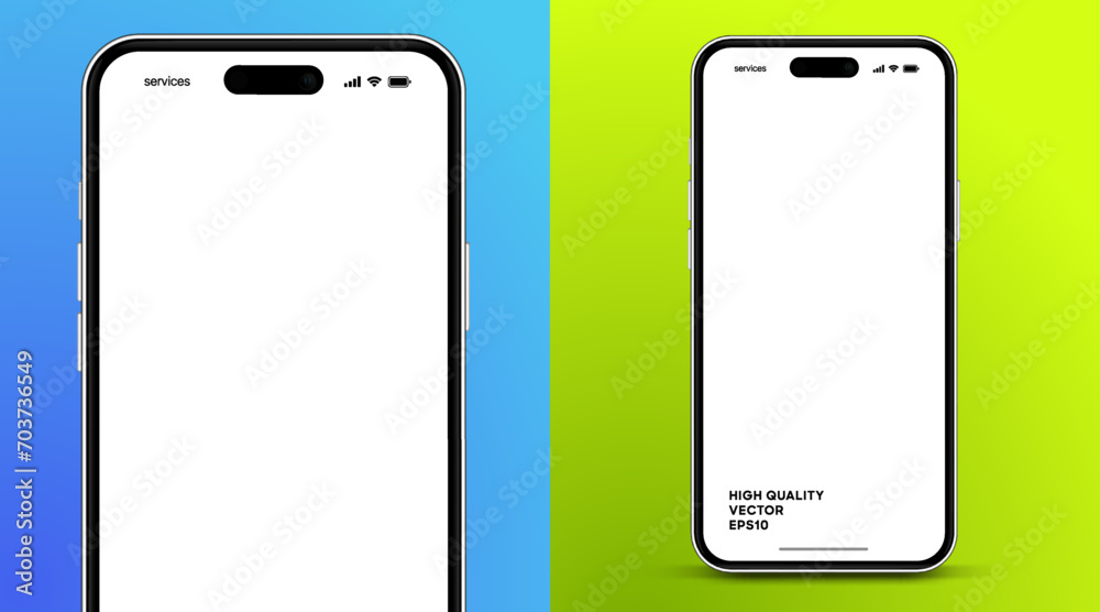 Fototapete 3d high quality vector smartphone mockups. Ultra realistic mobile device UI UX mockup for presentation template. Cellphone frame with blank screen isolated templates. 3d isometric illustration.