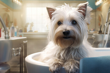 Dog grooming. Cute white Yorkshire Terrier before washing, cosmetics and grooming tools on the table