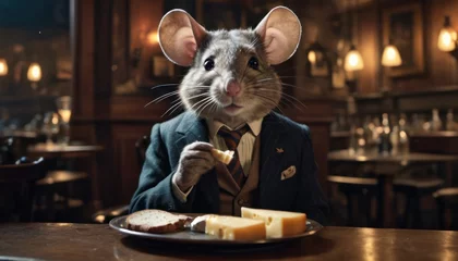 Foto op Plexiglas  a rat in a suit and tie eating a piece of cheese with cheese slices on a plate in front of him on a table in a dark room with lights. © Jevjenijs