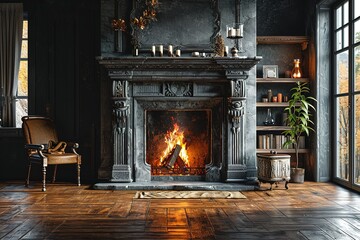Large traditional fireplace with roaring fire. Empty mantle piece mockup shelf.