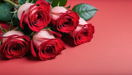  a bunch of red roses sitting on top of a red counter top next to a green leafy plant on top of a red surface with a green stem and a red background.