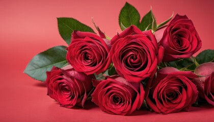  a bunch of red roses with green leaves on a pink background with a red background with a red background and a red background with a bunch of red roses with green leaves.
