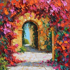 Abstract impasto impressionist palette knife painting of endless bougainvillea archway - obrazy, fototapety, plakaty