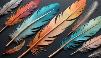  a group of different colored feathers sitting on top of a table next to a wooden skewer with a wooden stick sticking out of the top of the feathers.