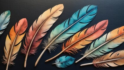  a group of colorful feathers sitting on top of a black surface next to a pair of chopsticks on top of a piece of paper that has been cut out of paper.