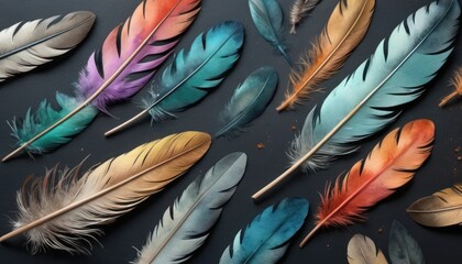  a group of different colored feathers sitting on top of a black surface next to a pair of chopsticks on top of a counter top of a black surface. - obrazy, fototapety, plakaty