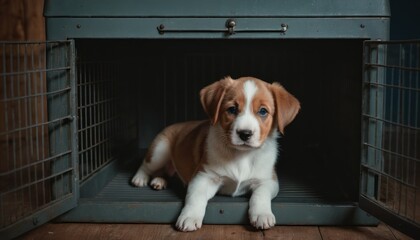  a small brown and white puppy sitting inside of a caged in dog kennel with a sad look on its face and a sad look on its face as it's eyes.