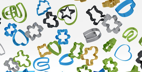 Many of flying gleaming metal cookie cutters, featuring various shapes and sizes - obrazy, fototapety, plakaty