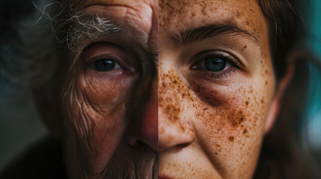 Dramatic Close-up Portrait - Half Young, Half Elderly: Conceptual Photo Of A Person With A Split Face, Symbolizing The Duality Of Youth And Experience Gen AI