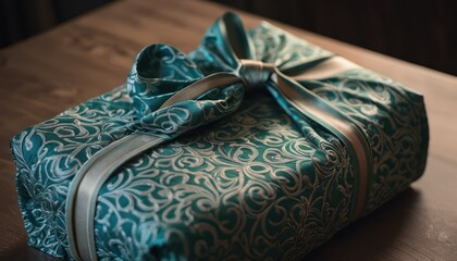  a wrapped present sitting on a table with a ribbon tied around the top of the wrapped present, with a bow at the end of the top of the present.