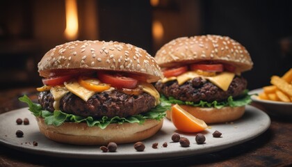  two hamburgers with cheese, tomato, and lettuce on a plate next to a bowl of fries on a table with a lit candle in the background.