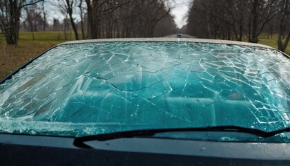  a broken windshield of a car on a road with trees in the back ground and grass in the front of the windshield and trees on the other side of the road.