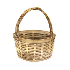 Watercolor illustration of a wicker brown basket. Blank element for picnic, flowers, vegetables, food isolated on background. Rustic vintage straw basket is used in designs on postcards and textiles.