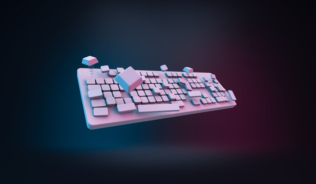 3D rendering, Close up white empty keyboard mock up with neon light reflection, side view shot, black color background.