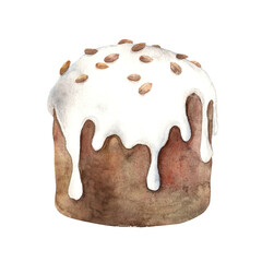 Watercolor Easter cake, hand drawn. Sketch on isolated background for greeting cards, invitations, banners, posters, textiles, graphic design.