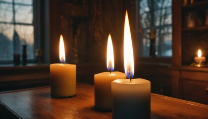  three lit candles sitting on top of a wooden table in front of a window with a window sill and a window sill in the back of the room.