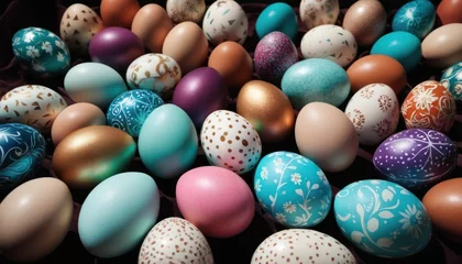 Fotobehang  a bunch of different colored eggs sitting on top of a bed of brown and blue eggs with white designs on them and gold dots on the top of the eggs. © Jevjenijs