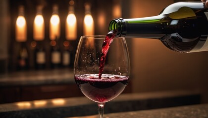  a glass of red wine being poured into a wine glass with a bottle of wine in front of a row of wine bottles in a dimly lit room with lights. - obrazy, fototapety, plakaty