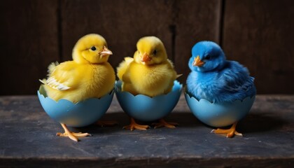  a group of small yellow and blue chicks sitting on top of a blue and white egg in an egg shell on top of a wooden table next to a wooden wall.
