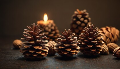  a group of pine cones sitting on top of a table next to a lit candle in the middle of a row of pine cones on top of other pine cones.