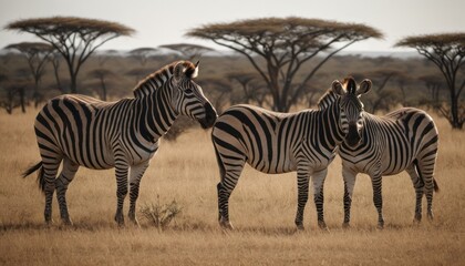  two zebras standing next to each other on a dry grass field with trees in the back ground and a third zebra in the background with it's head turned away from the camera.