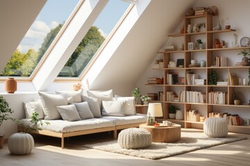 luxurious loft apartment with floor-to-ceiling windows and panoramic view; minimalistic interior design of living room with bright daylight