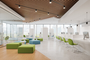 Colorful business interior with relax and consulting space, panoramic window