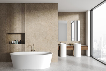 Cozy home bathroom interior with tub, double sink and panoramic window