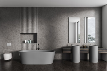 Fototapeta na wymiar Dark stone bathroom interior with double sink and tub