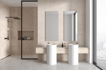 White and stone bathroom with double sink and shower - obrazy, fototapety, plakaty