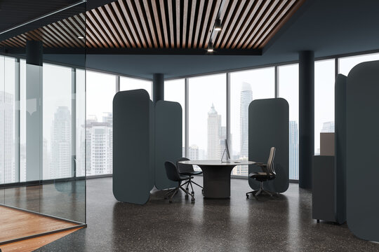 Corner view of office room interior with workplace, chairs and pc desktop