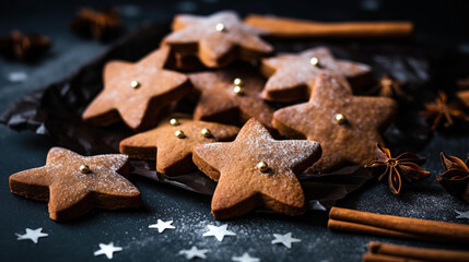 Gingerbread cookies in the shape of stars and cinnamon close-up. Christmas concept