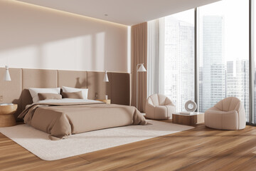 Stylish home bedroom interior with bed and two armchairs, panoramic window