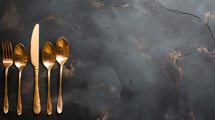 Set of stylish black and gold cutlery on black background. Golden cutlery with textile on plate on dark background. Top View. - obrazy, fototapety, plakaty