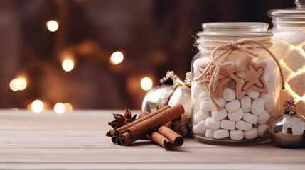 A jar of marshmallows and cinnamon sticks. Cozy winter decor and interior close-up