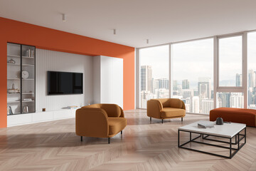 Fototapeta premium Colorful home living room interior with relaxing space, panoramic window