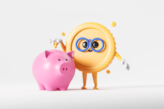 Cartoon coin put money into piggy bank, money investment and saving