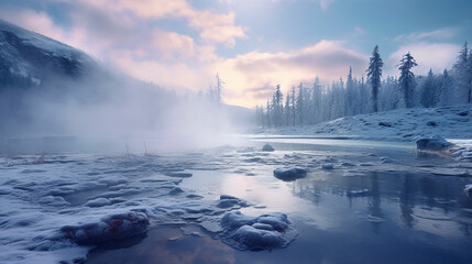 Steaming Hot Springs by a Frozen Lake. Natural hot springs. The scene is peaceful and serene.